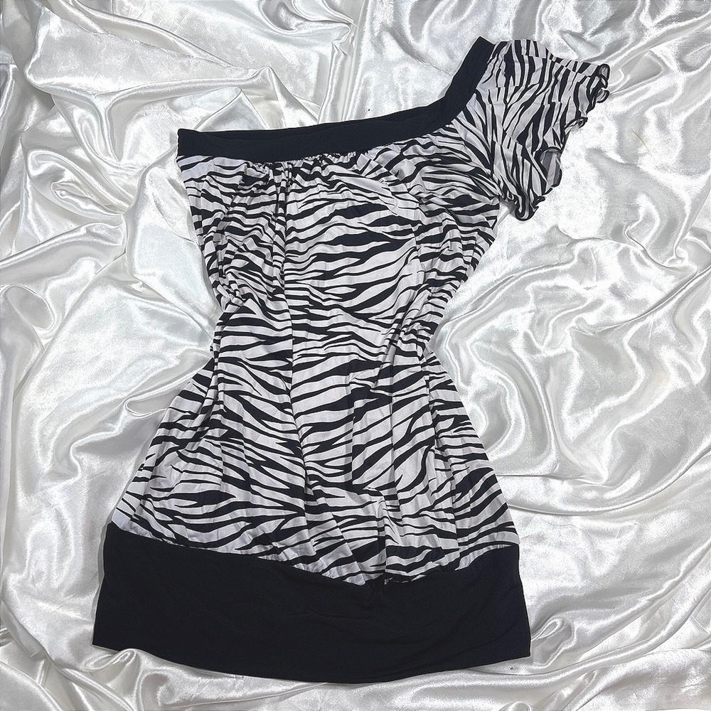 y2k One Shoulder Top White Black Excellent Zebra Print Ruffle Sleeve Tunic